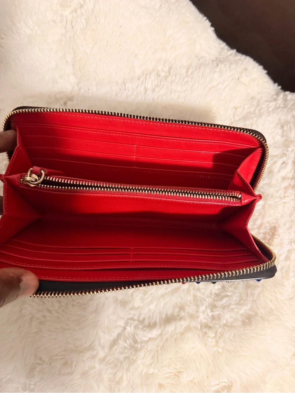 Christian Louboutin Black Zip-Around Wallet with Red, Blue & White Studs